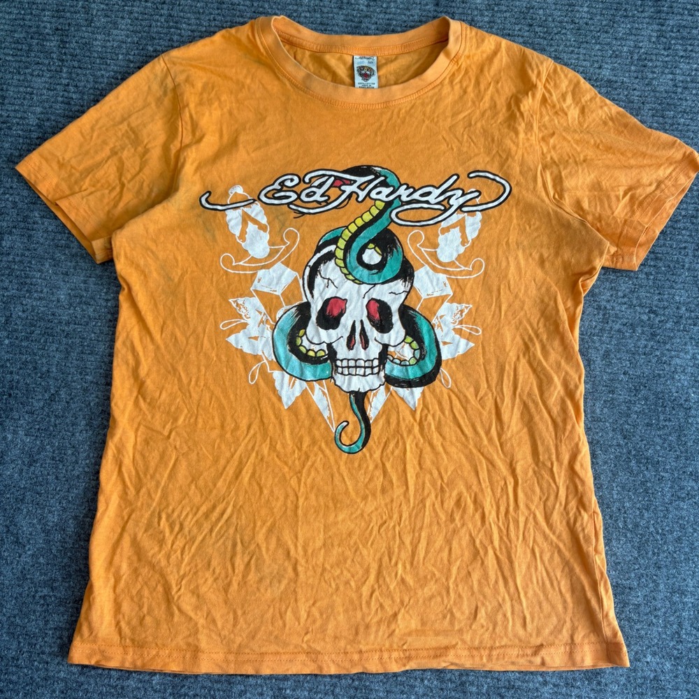 Ed Hardy Kids Orange Skull Snake Graphic T-Shirt Size 17/18 Y2K Tattoo Tee